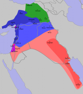 El tratado de Sykes-Picot, en rojo GB, en azul FR y en verde Rusia | Wikimedia Commons